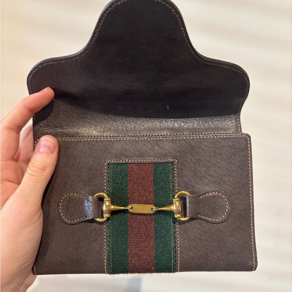 Vintage Gucci trifold Wallet brown leather classic horsebit ribbon web stripe